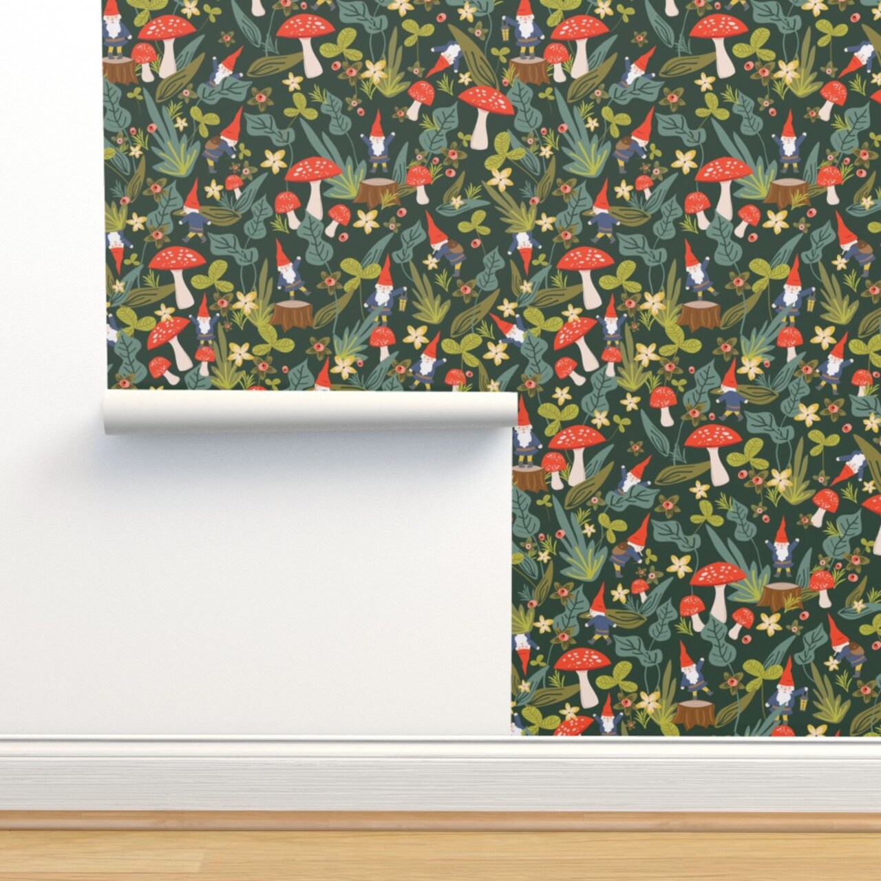 Woodland, Gnomes, Large, Red, Mushroom, Garden, Summer, Floral, Mushrooms Custom Removable Wallpaper by Spoonflower Peel & Stick Wallpaper 2FT Wide
